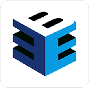 Stylized blue and black 3D cube logo.