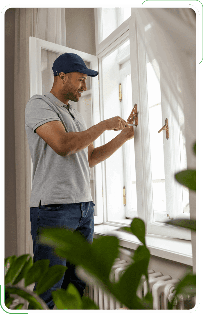 Man fixing window latch, wearing cap.