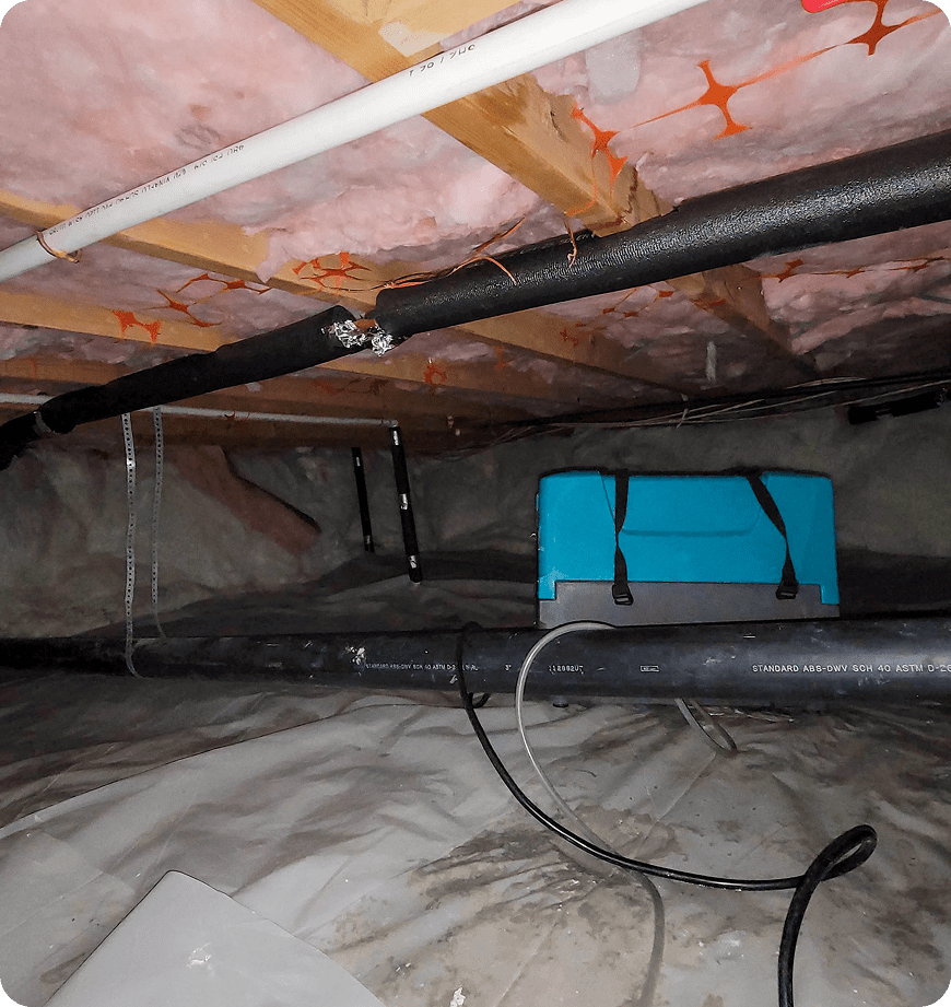 Crawl space moisture control work in progress in Eugene, OR.