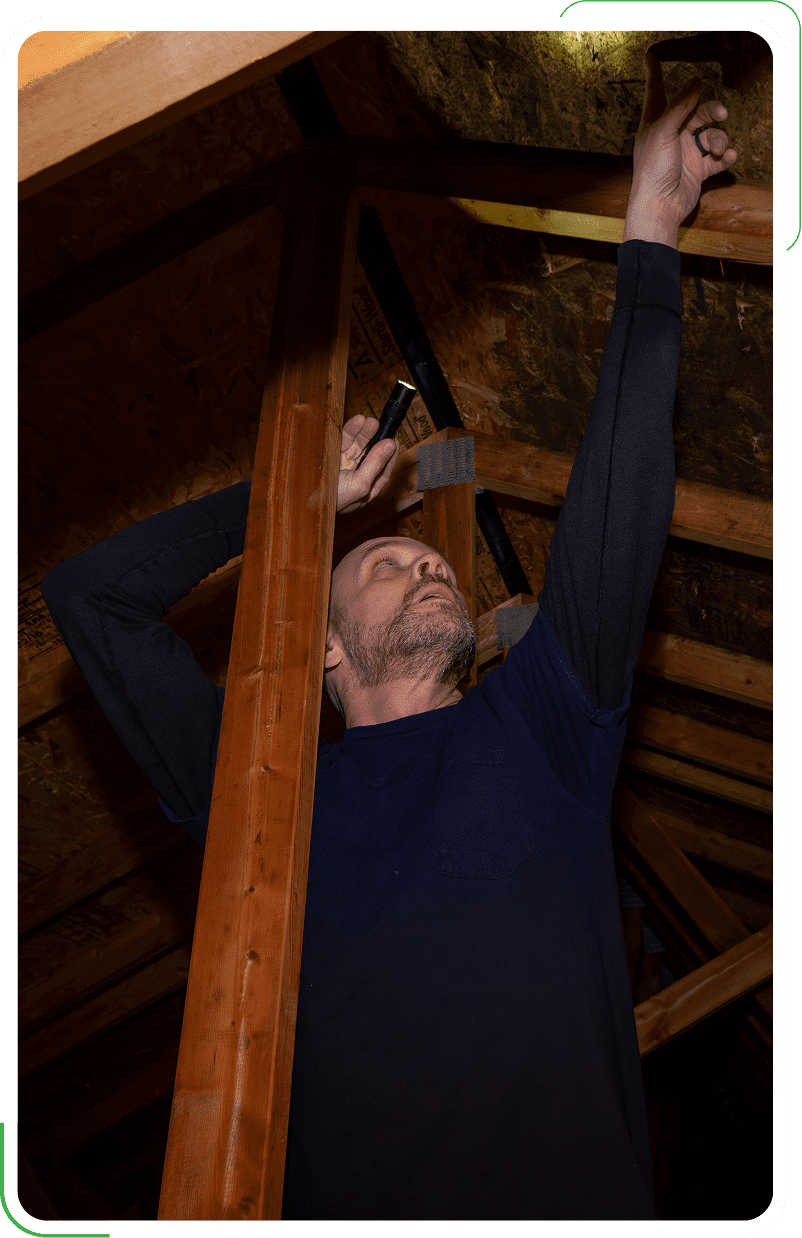 A professional inspecting existing attic insulation solutions to recommend a new system.