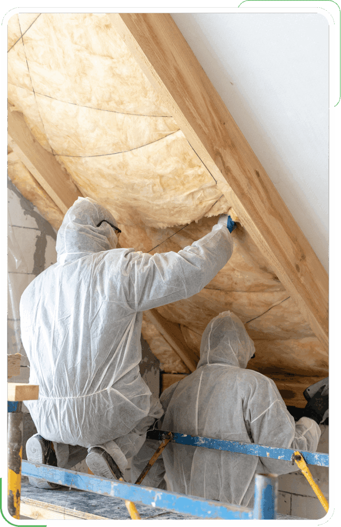 Two workers on scaffolding finishing an old insulation removal along the sloped ceiling