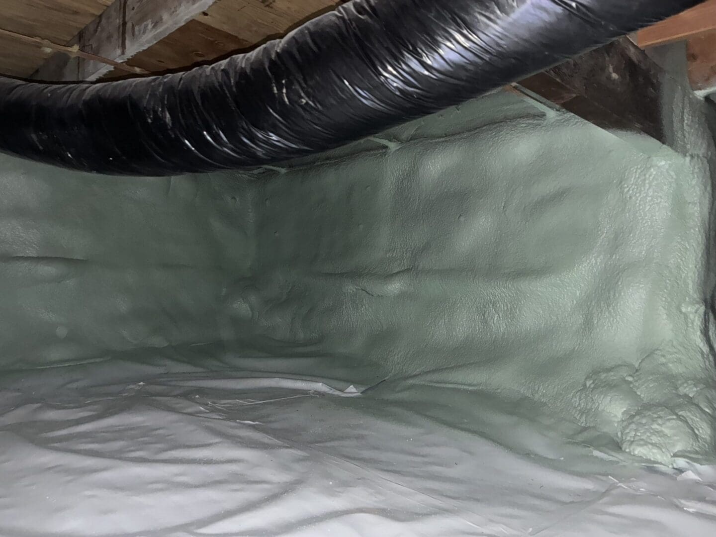 Crawl space with insulation and ductwork visible.