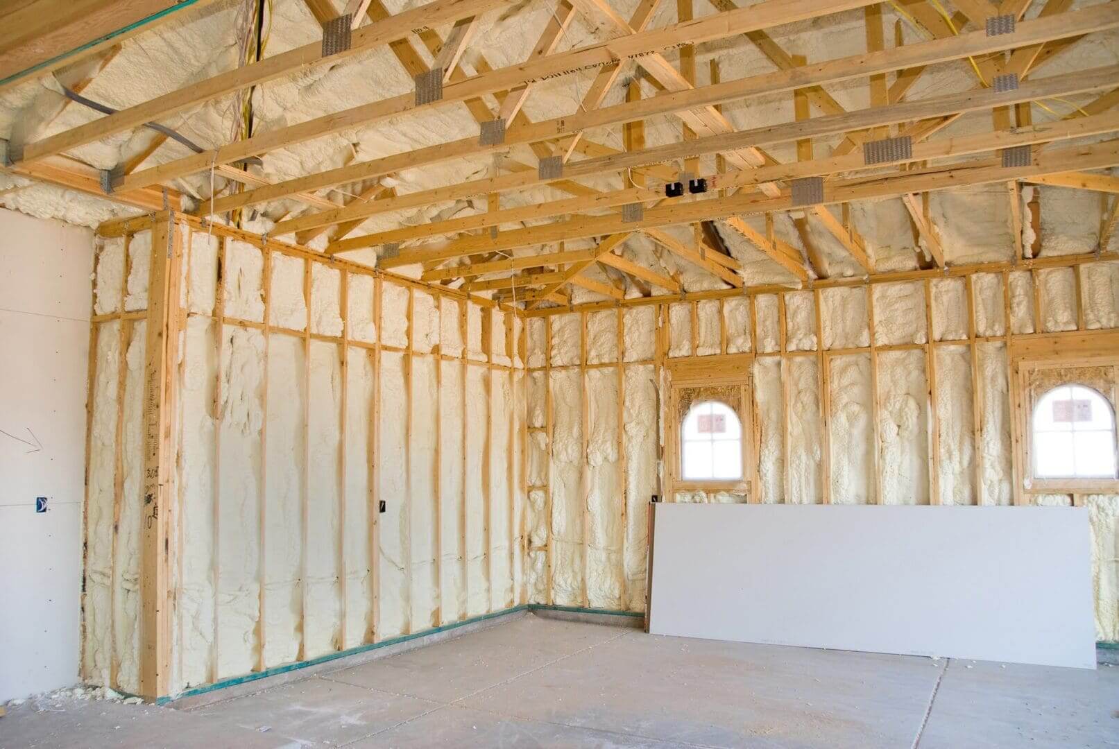Room interior with spray foam insulation