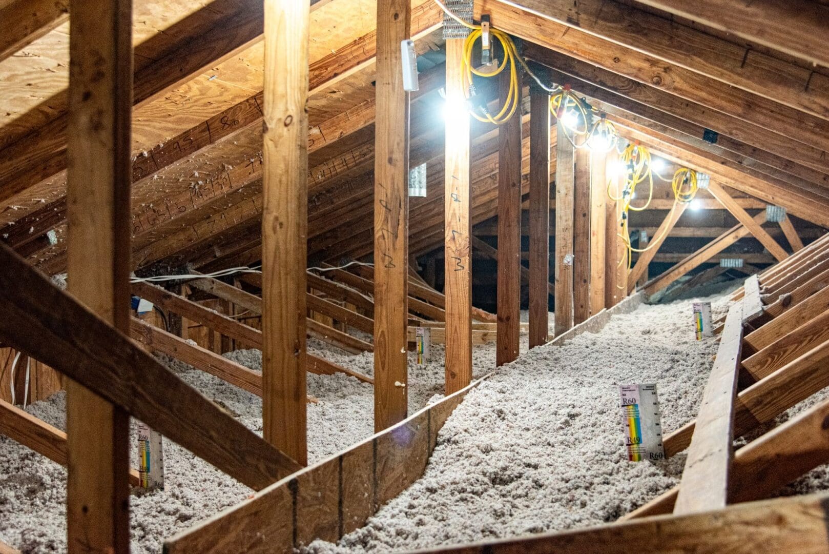 Attic with blown-in insulation and markers